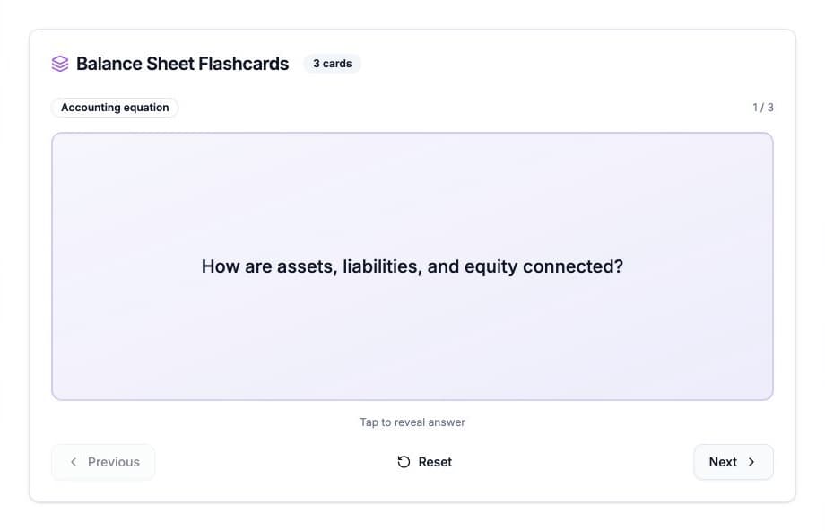 CPA FAR flashcard asking how assets, liabilities, and equity are connected