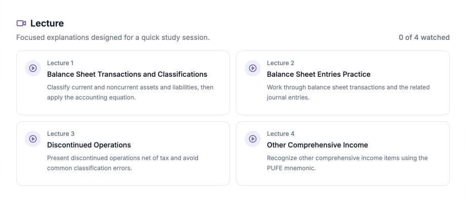 CPA FAR video library example with lectures on balance sheets, journal entries, discontinued operations, and other comprehensive income